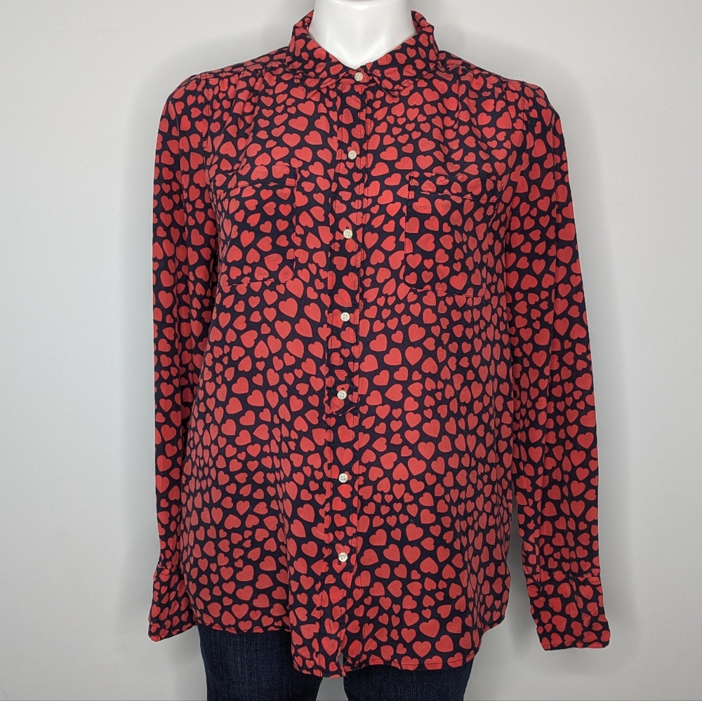 J. Crew Silk Red and Navy Button Down Shirt
